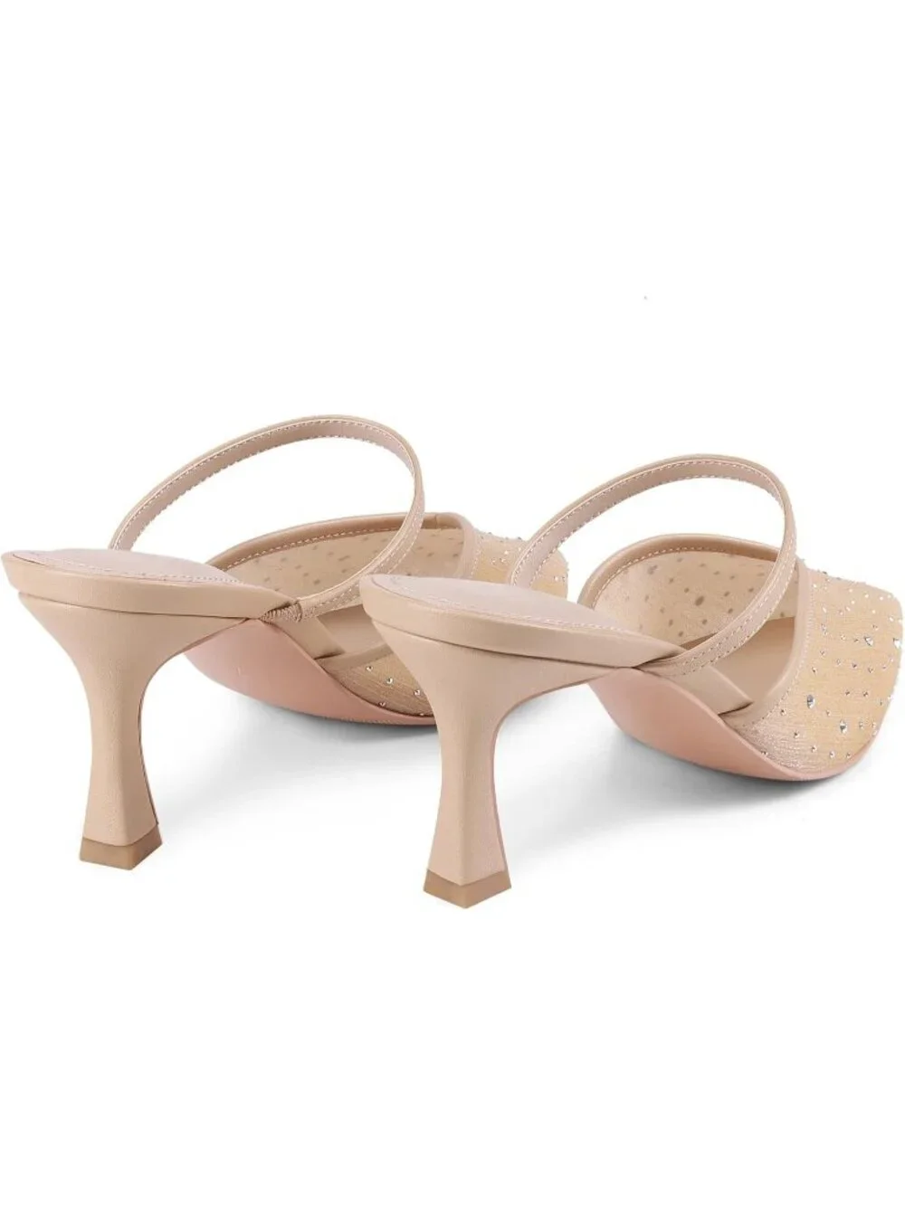 Women's Nude-Rhinestone High Heel Mules Pointy Toe Pumps Memory Foam Insole